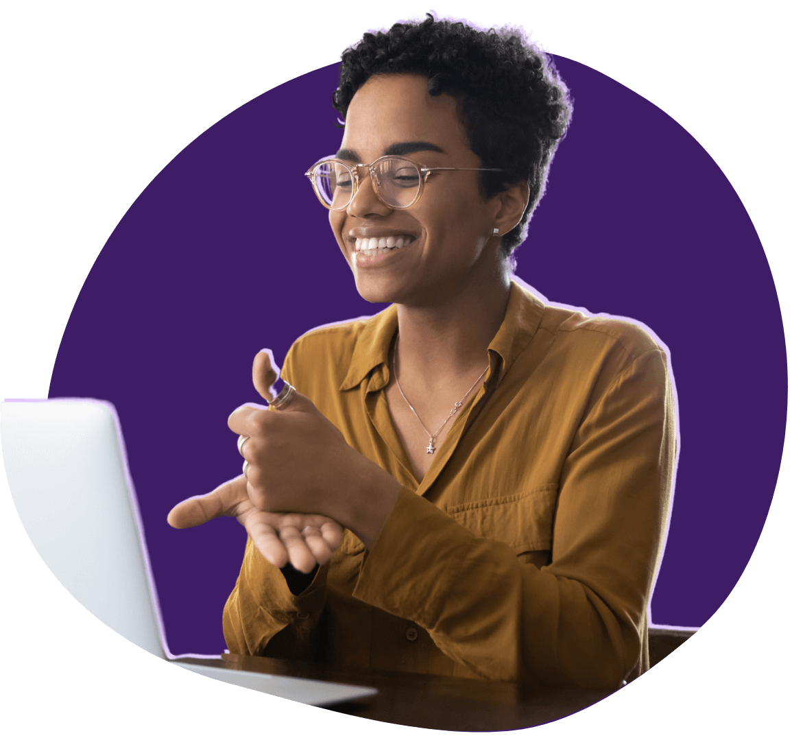 A person using sign language during a virtual training session.